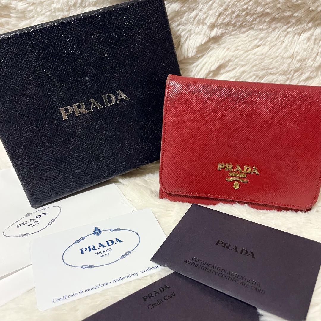 PRADA プラダ 二つ折り財布無明顯傷痕和污漬 雙折錢包紅金標誌 Saffiano 帶盒 11000YEN